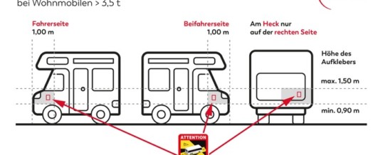 KÜS: Warnaufkleber „Toter Winkel“ in Frankreich bereits Pflicht / Aufkleber Vorschrift auch für Wohnmobile und Caravans über 3,5 Tonnen / Anbringung am Fahrzeug verbindlich