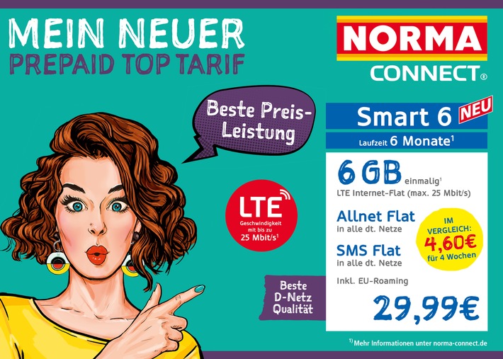 NORMA Connect erweitert sein Prepaid-Portfolio im D-Netz der Telekom um das Halbjahresangebot „Smart 6“ für nicht einmal 5 Euro im Monat / Sechs GB Datenvolumen und Allnet-Flat in alle deutschen Netze