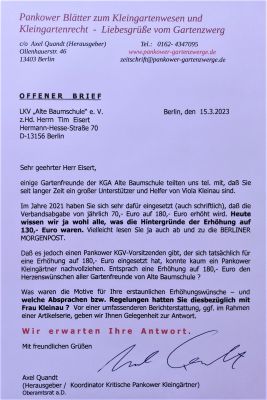 Es besteht Klärungsbedarf. Offener Brief an den Pankower Kleingarten-Vereins-Vorsitzenden Tim Eisert.