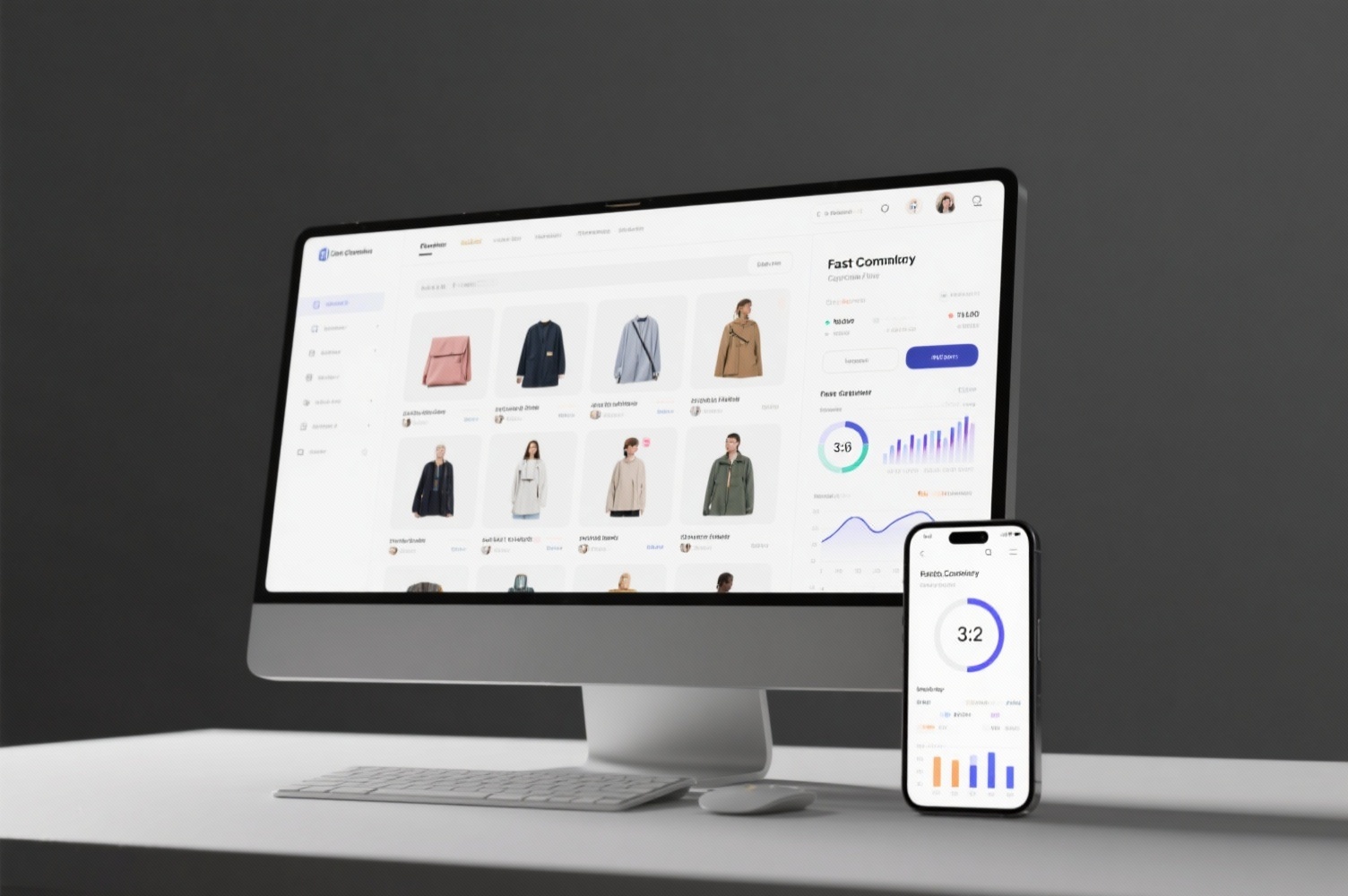 Shopsysteme erstellen lassen – moderne E-Commerce-Oberfläche Responsive Onlineshop-Interface mit Checkout, Produktgrid und Analytics
