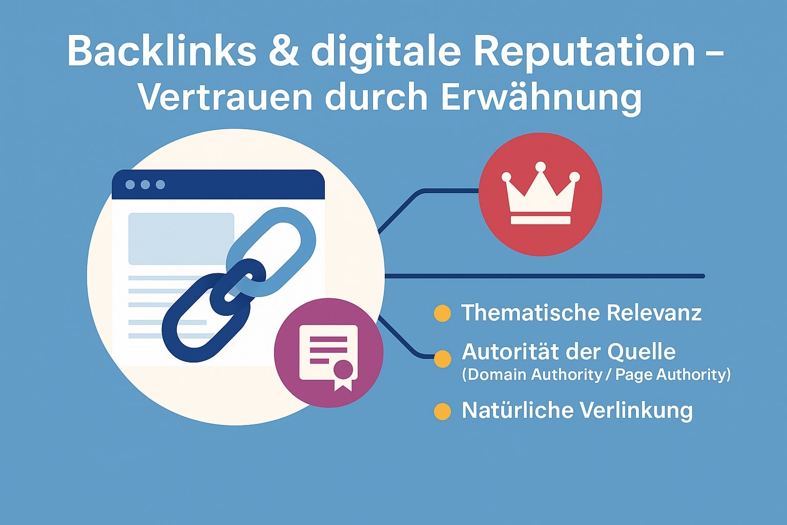 Infografik zeigt die wichtigsten Rankingfaktoren 2025 für Backlinks, darunter thematische Relevanz, Autorität der Quelle und natürliche Verlinkung