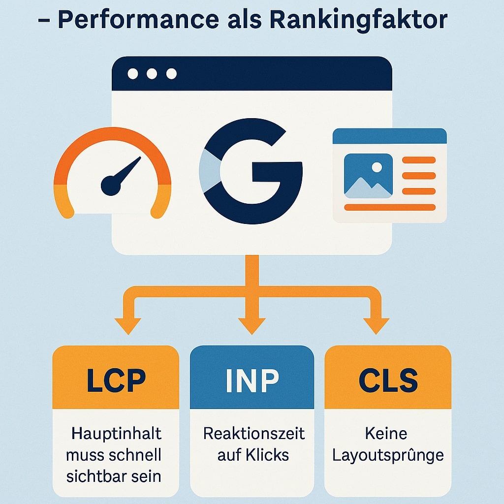 Infografik zeigt die drei Core Web Vitals LCP, INP und CLS als zentrale SEO-Kennzahlen für Performance und Nutzererlebnis 2025
