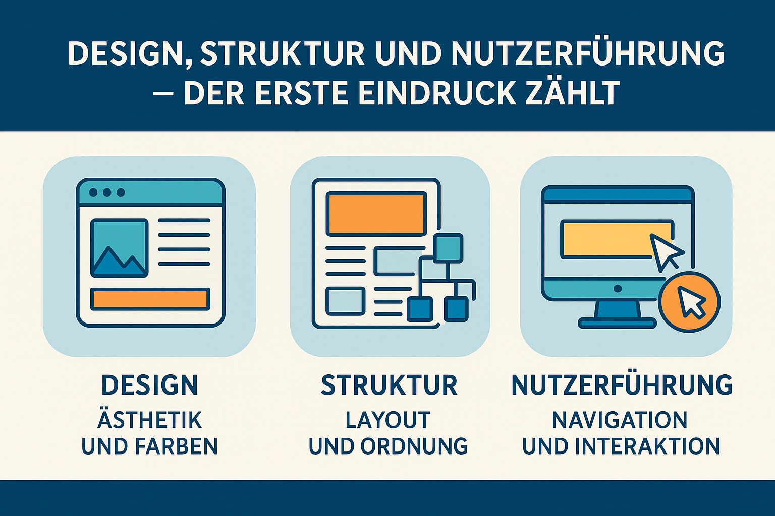 Infografik veranschaulicht die Bedeutung von Design, Struktur und Nutzerführung für den ersten Eindruck einer Website