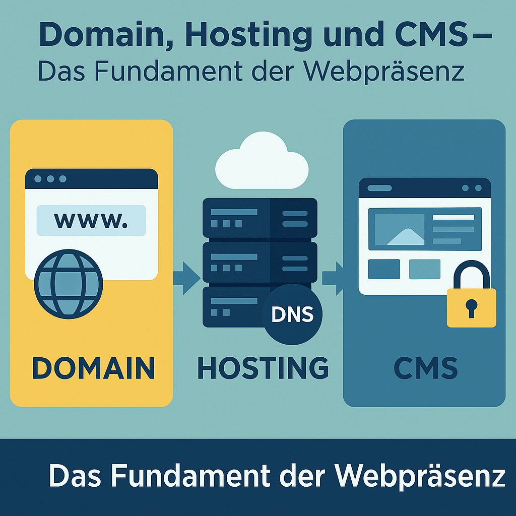Infografik zeigt die technische Basis einer Website mit Symbolen für Domain, Hosting-Server und CMS-Verwaltung