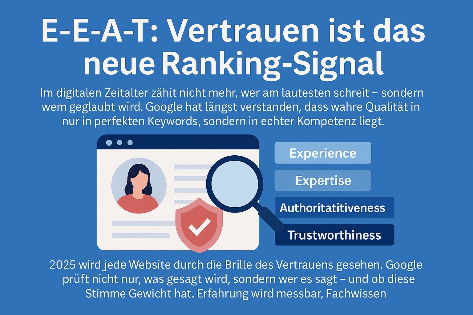 Illustration über E-E-A-T als Google-Rankingfaktor 2025 mit Symbolen für Vertrauen, Expertise und Qualität