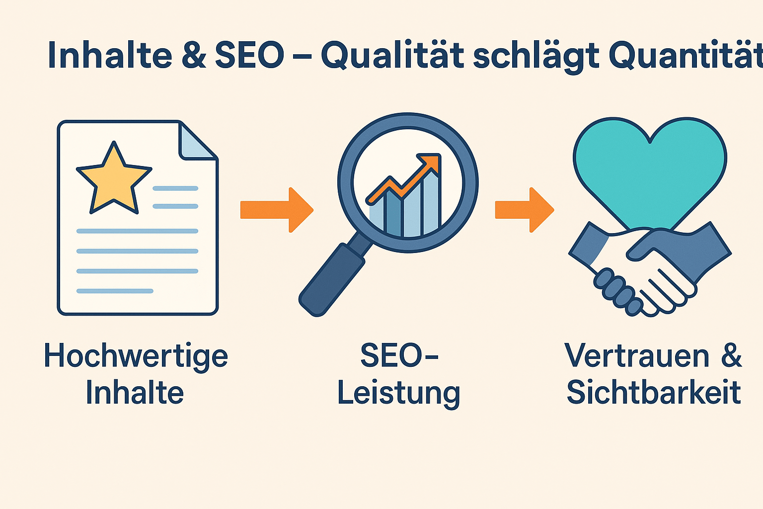 Infografik zeigt das Zusammenspiel von hochwertigen Inhalten, SEO und Vertrauen als Erfolgsfaktoren einer Website