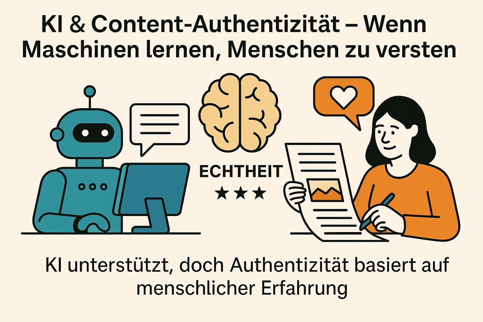 Infografik zeigt die Balance zwischen künstlicher Intelligenz und menschlicher Authentizität beim Schreiben von Inhalten