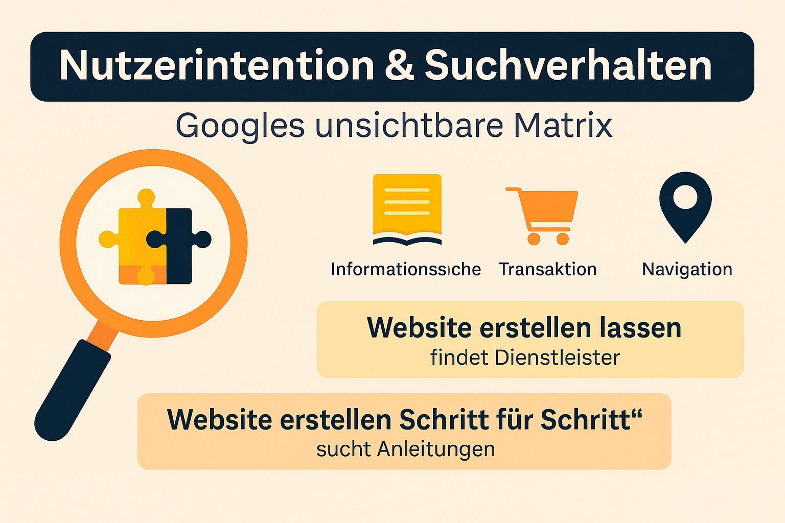 Infografik zeigt, wie Google 2025 Suchintentionen analysiert und Inhalte nach Nutzerverhalten bewertet