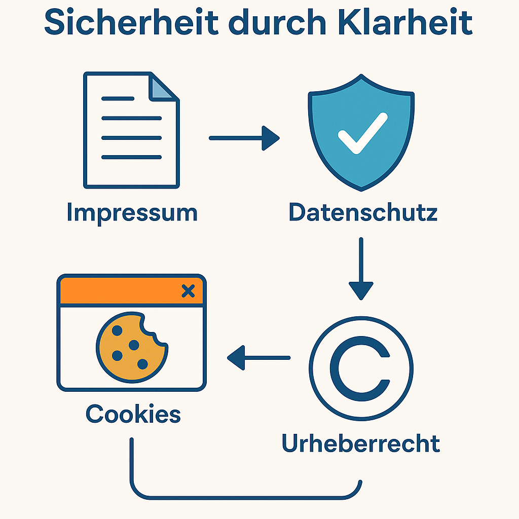 Infografik zeigt die wichtigsten rechtlichen Anforderungen für Websites, inklusive Impressum, Datenschutz, Cookie-Banner und Urheberrecht